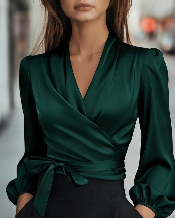 Elegant Solid Color Satin Wrap Blouse