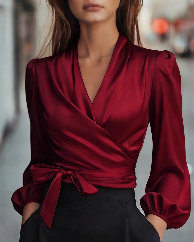Elegant Solid Color Satin Wrap Blouse