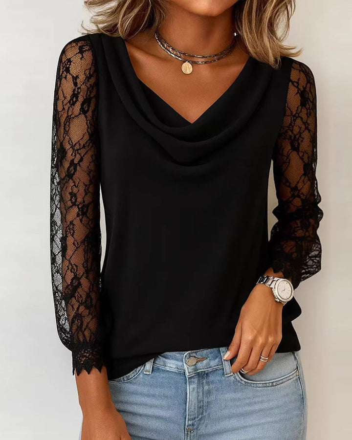 Lace Patchwork Sleeve Drape Neck T-Shirt