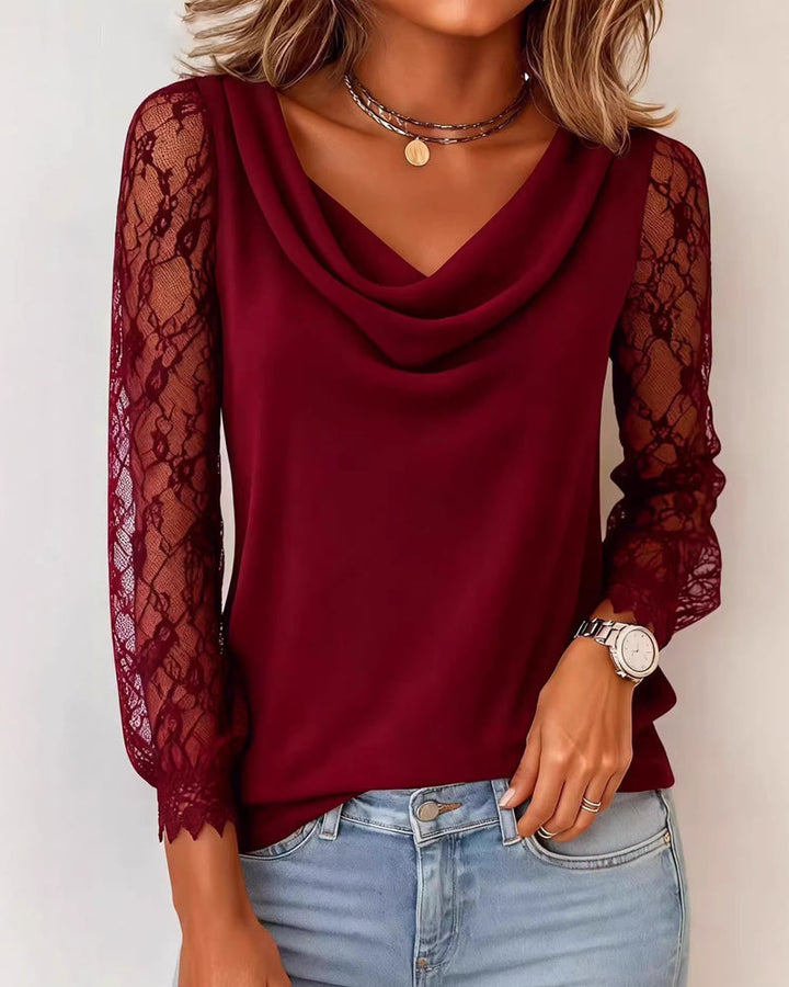 Lace Patchwork Sleeve Drape Neck T-Shirt