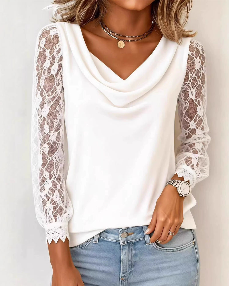 Lace Patchwork Sleeve Drape Neck T-Shirt