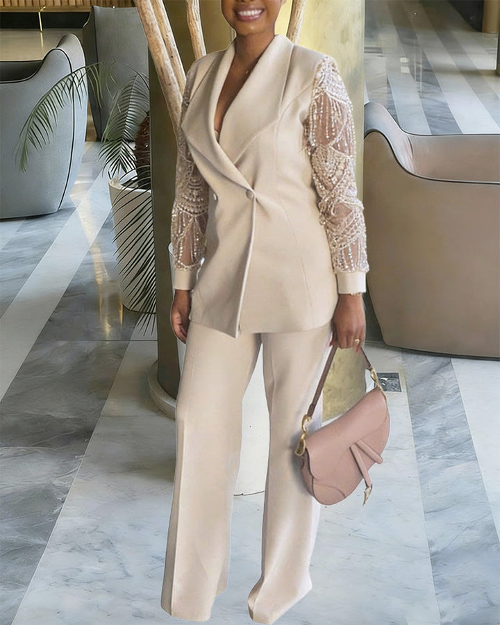 Business Casual Lace Sleeves Blazer and Pants Set
