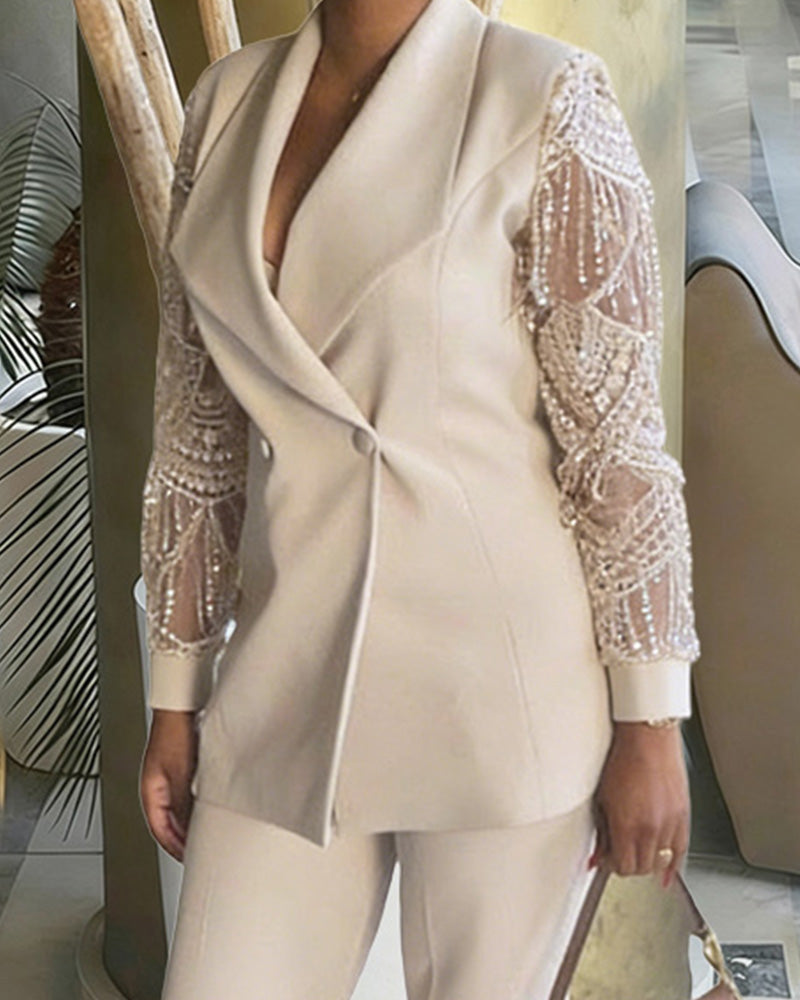 Business Casual Lace Sleeves Blazer and Pants Set
