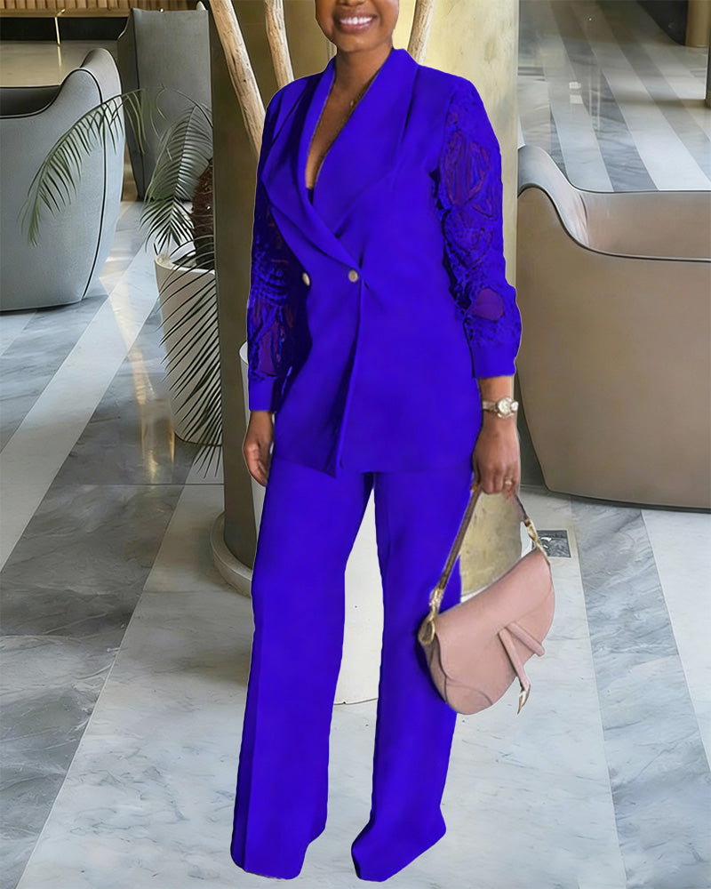 Business Casual Lace Sleeves Blazer and Pants Set