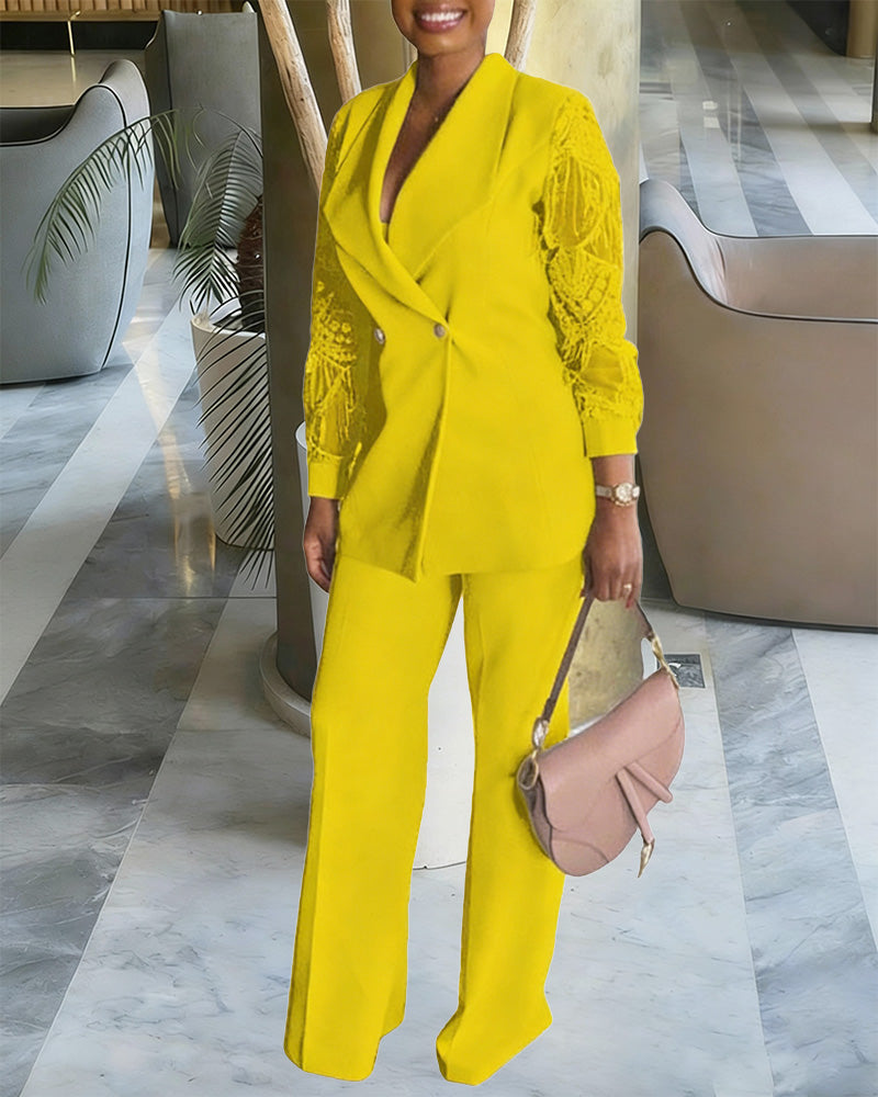 Business Casual Lace Sleeves Blazer and Pants Set