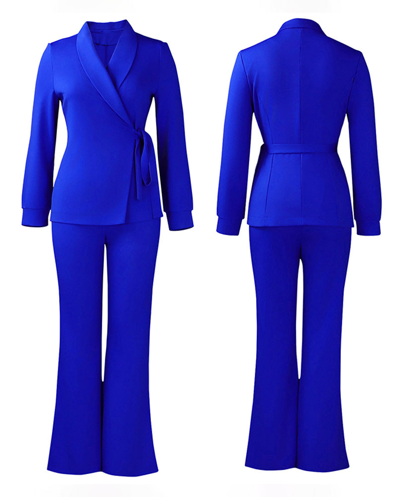 Trendy Business Casual Belted Blazer Pants Set