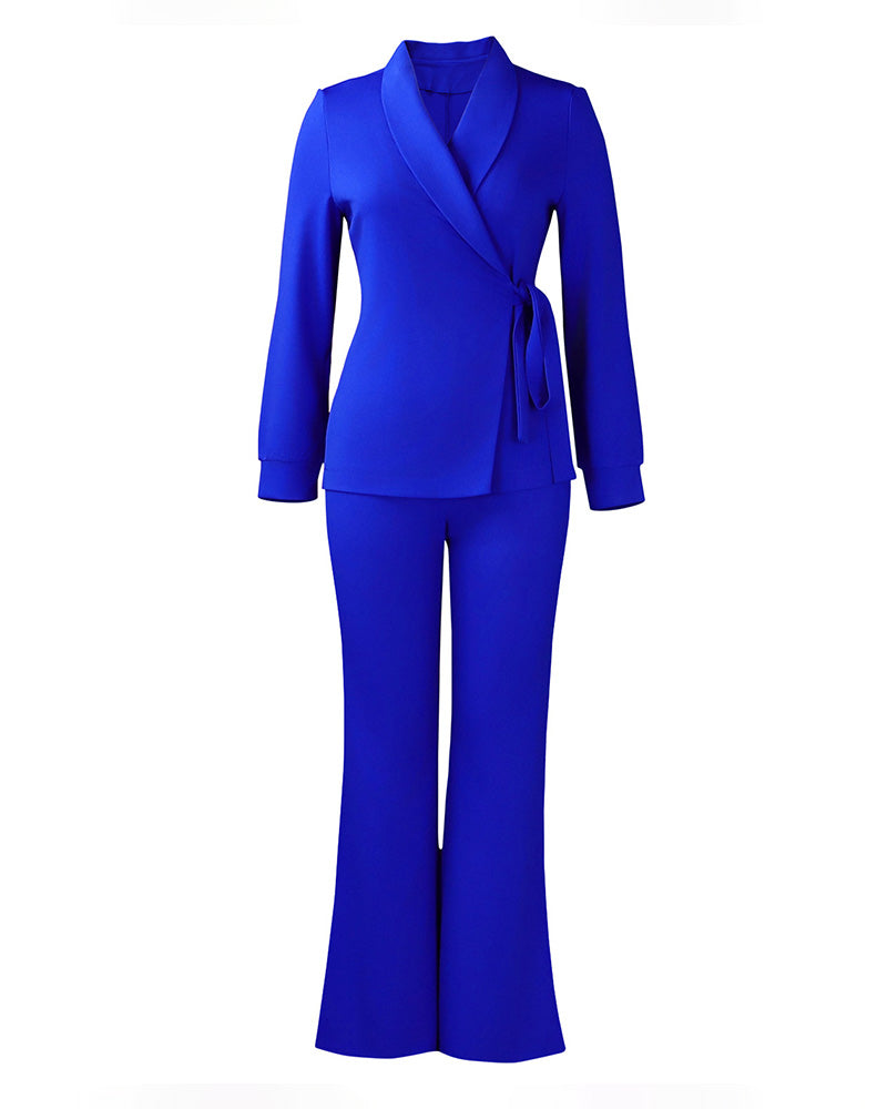 Trendy Business Casual Belted Blazer Pants Set