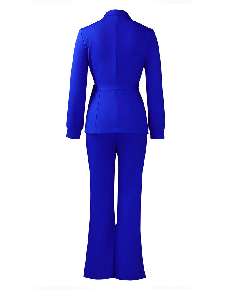 Trendy Business Casual Belted Blazer Pants Set