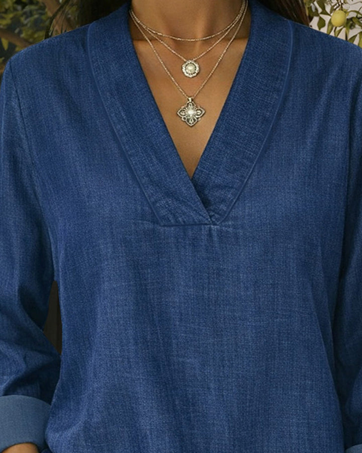 Casual Relaxed Faux Denim V-Neck Blouse