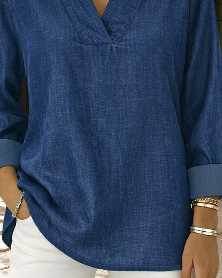 Casual Relaxed Faux Denim V-Neck Blouse