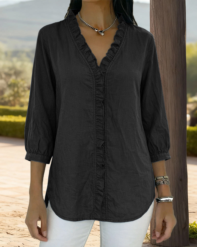 Trendy V-neck Ruffled Trim Lantern Sleeve Blouse