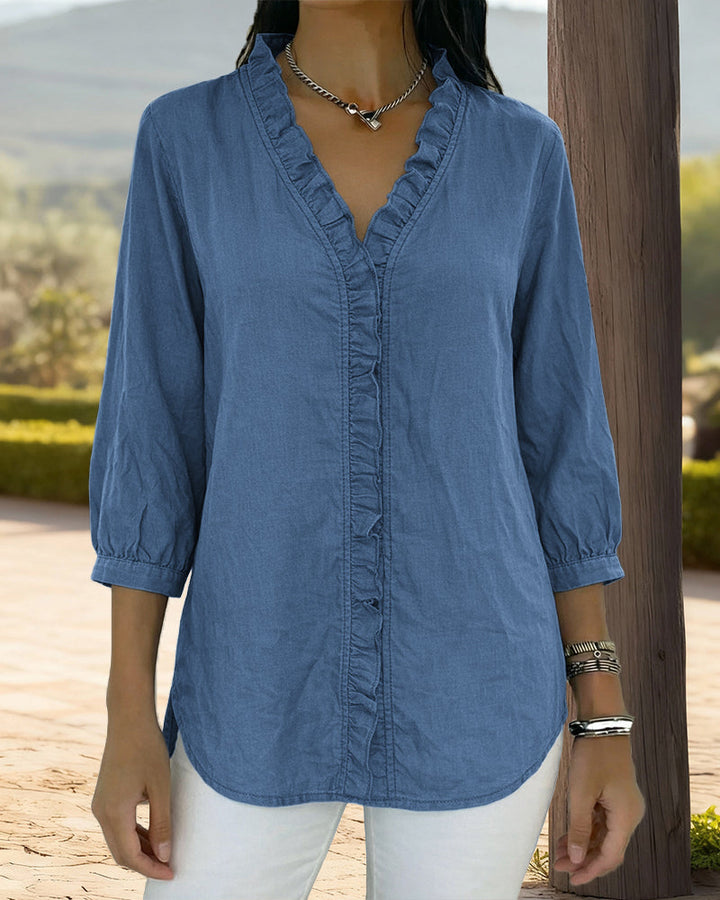 Trendy V-neck Ruffled Trim Lantern Sleeve Blouse