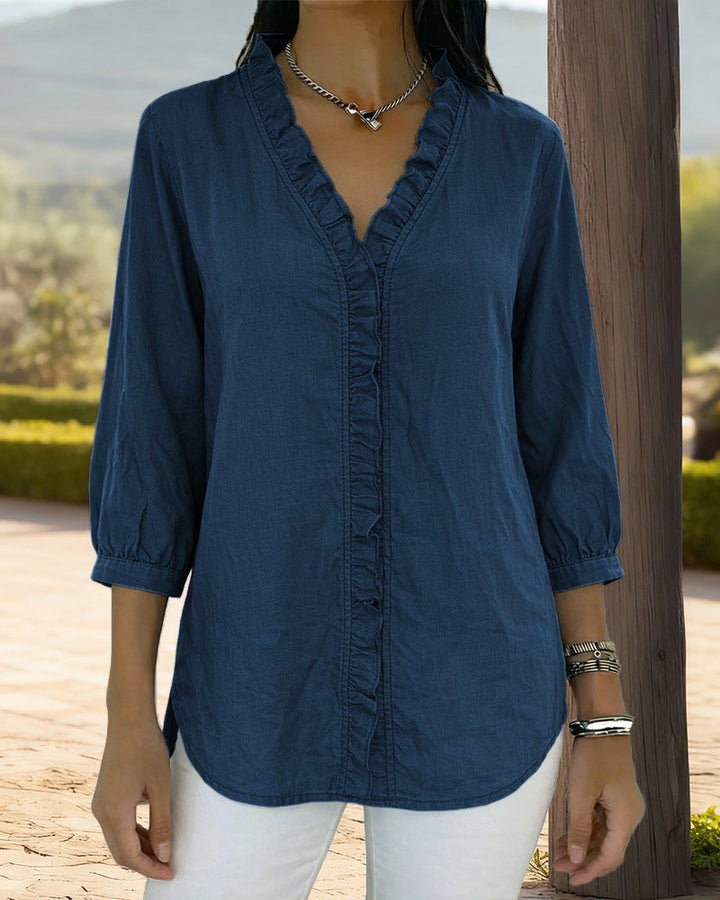 Trendy V-neck Ruffled Trim Lantern Sleeve Blouse