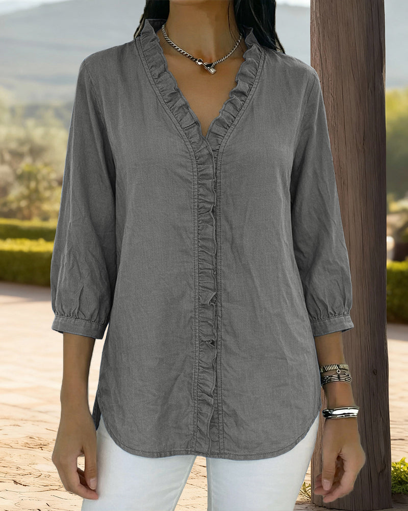 Trendy V-neck Ruffled Trim Lantern Sleeve Blouse