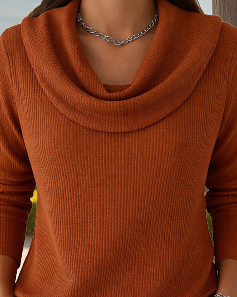 Fashion Cozy Fit Waffle Cowl Neck Top