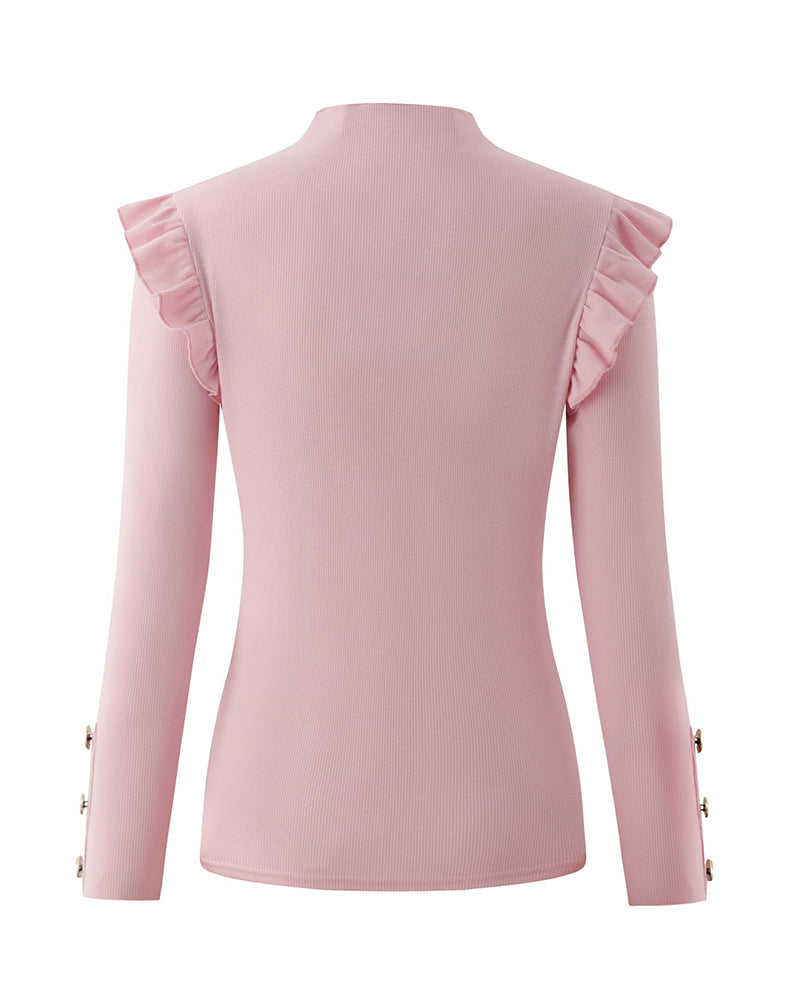 Elegant Ruffle Trim Button Detail Rib Blouse