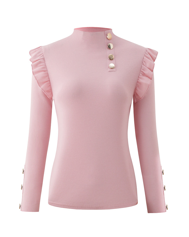 Elegant Ruffle Trim Button Detail Rib Blouse