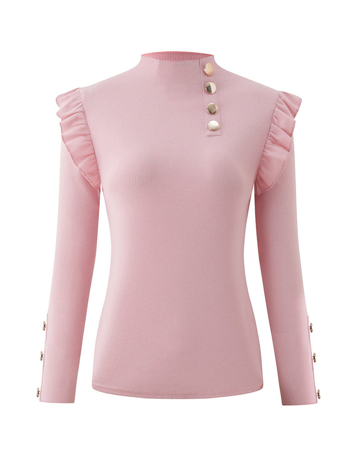 Elegant Ruffle Trim Button Detail Rib Blouse