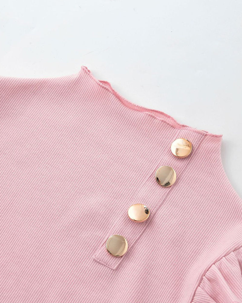 Elegant Ruffle Trim Button Detail Rib Blouse