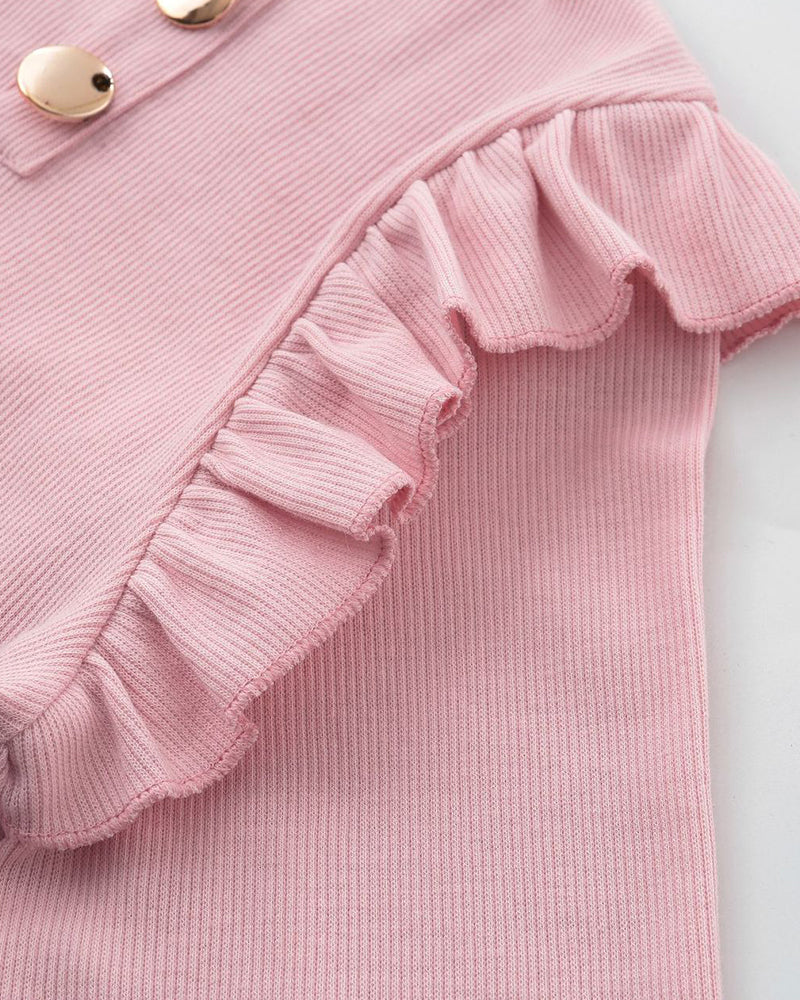 Elegant Ruffle Trim Button Detail Rib Blouse