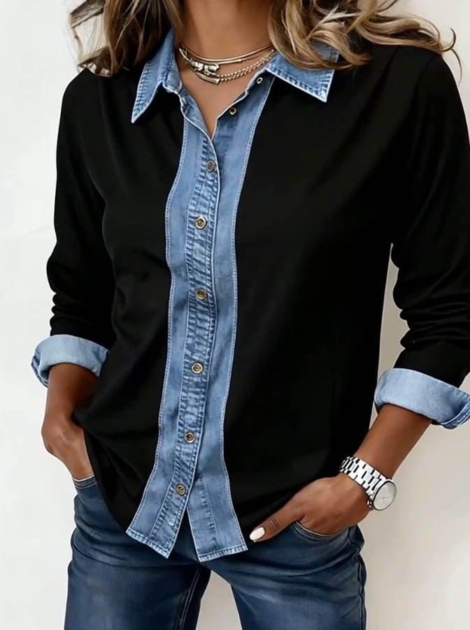 Black Denim Panel Button Down Long Sleeve Shirt